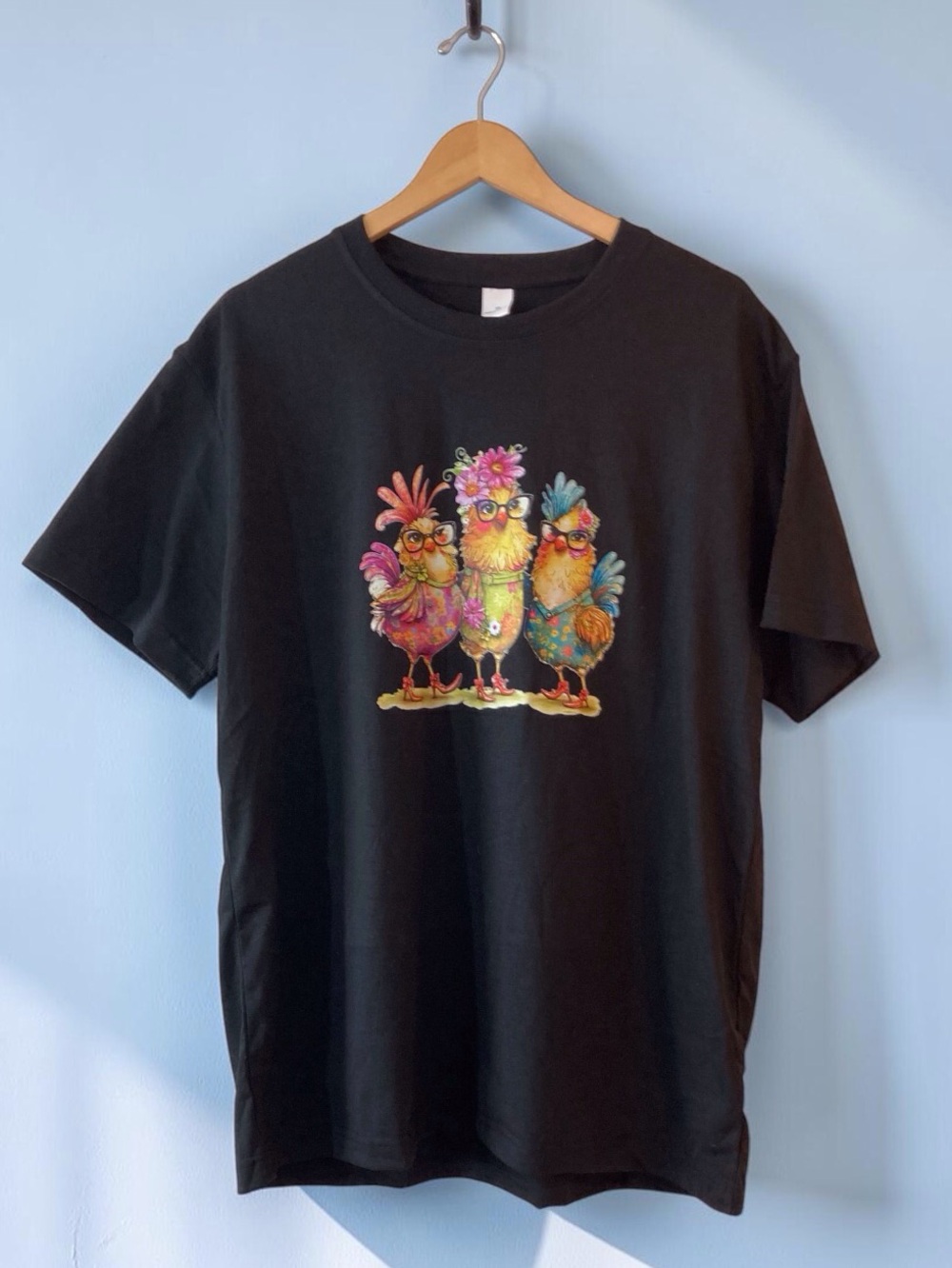 Chicken Graphic Tee Black Colorful Floral Glasses Cotton XL